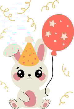 Cute baby bunny in party birthday hat with balloon illustration. Perfect for party designs, birthday events, carnivals, and holiday vector