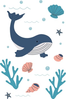 Cute cartoon whale with seashells and coral vector