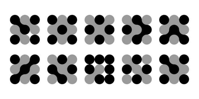 Atom dot, connected in molecule structure pattern. Abstract circle shapes, collagen liquid drops. Medical tech metaball cells. Wavy merge fluid arrow, laboratory symbol. Dividing blob circuit cross vector