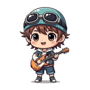 Chibi character profession boy guitarist. Cute cartoon musician playing acoustic guitar png