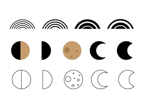 Moon Phase and Rainbow Symbol Silhouette. Minimalist Graphic Aesthetic Symbol. baby Nursery poster Design Part. Weather, Astrology, Astronomy, Tarot Decoration. Sweet Dream Good Night Boho Outline vector