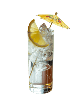 Tall Glass Sparkling Water Lemon Ice Cubes Yellow Umbrella png