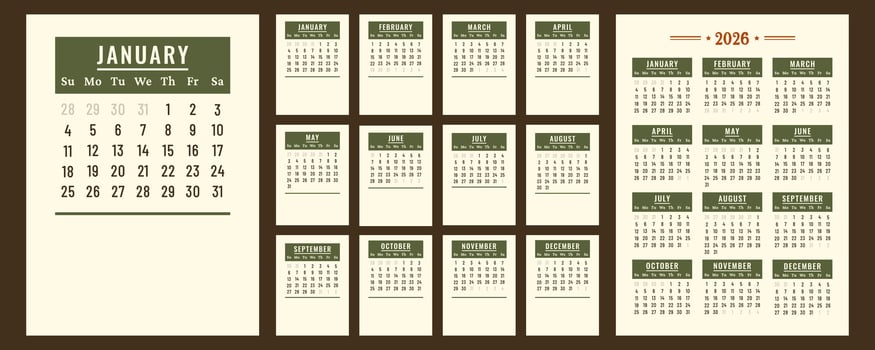 Calendar 2026. Vertical retro Calendar daily planner. Business layout for print. Pages template for business, printable wall, monthly, desktop calendar. Week starts on Sunday. flat illustration vector