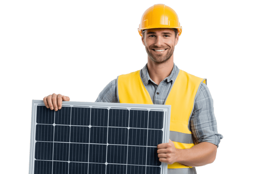 Professional solar panel installer holding photovoltaic module with safety gear. Renewable energy technician in high-visibility vest and hard hat for green technology marketing. png