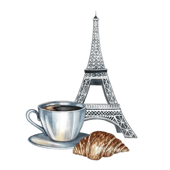 A cup of coffee, a croissant, and the Eiffel Tower. Hand-drawn watercolor illustration. Isolation. Color image. For packaging, logos, and labels. For banners, flyers, menus, posters, and more. png