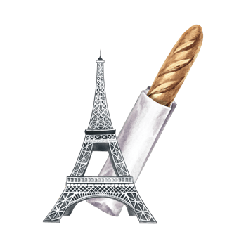 French baguette in a paper bag and the Eiffel Tower. Hand-drawn watercolor illustration. Isolation. Color image. Element of French cuisine. For menu and recipe design, labels, packaging, and more. png