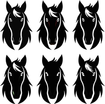 Horse face silhouette bundle set A collection of 9 black horse face silhouettes in various poses, vector