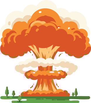 Nuclear explosion mushroom cloud illustration with orange and beige colors over green landscape ground vector