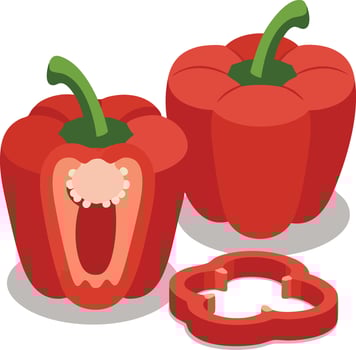 Red bell peppers whole and sliced illustration with green stems and seeds visible natural food ingredient vector
