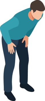 Man in teal sweater bending forward in discomfort or pain illustration in simple style vector