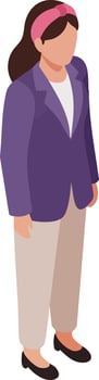 Woman in purple blazer and beige pants wearing pink headband standing isolated illustration vector