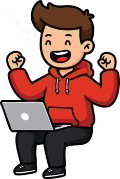 Excited young man celebrating success with laptop computer in red hoodie illustration vector
