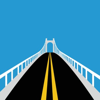 Suspension bridge with black road and yellow lines under clear blue sky illustration vector