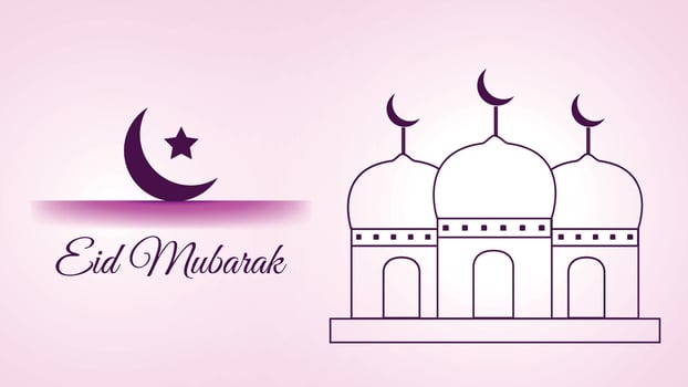 Eid Mubarak Card with Outline Mosques and Purple Moon vector