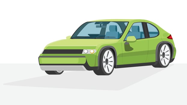 Objec perspective design of electric sedan car pastel green color. Can view inside car. Shadow and isolated white background. vector