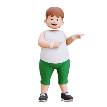 3D plus size overweight man character pointing to side png