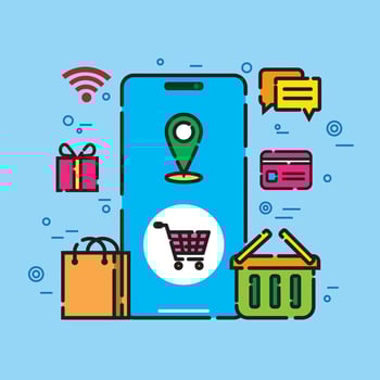 illustration of a smartphone with icons representing shopping, navigation, messaging, payment, gifts, and cart functions, showcasing modern app utilities in a vibrant style. vector