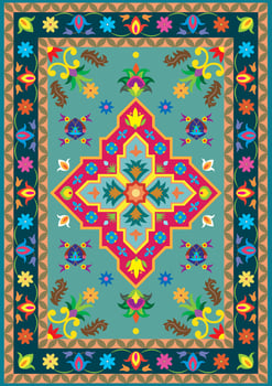 Intricate geometric floral design resembling a carpet or fabric texture, featuring vibrant colors, decorative patterns, and symmetrical motifs in a seamless layout. vector