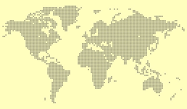 Minimalist dotted world map design with a focus on topography and global reach. Abstract business graphics or educational materials. Dot world map feathering abstract country boundary in dotted shape vector