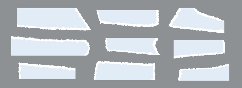 Light blue torn paper pieces set. Ripped paper sheet strips collection. Long elements with jagged uneven edges for collage, text box, banner, sticker, poster. textured cardboard fragments vector