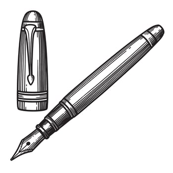 Detailed vintage art illustration of a classic fountain pen with cap and nib vector