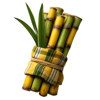 Freshly harvested sugarcane stalks tied together with a plaid cloth and leaves isolated on transparent background png