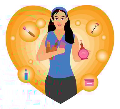 Woman Holding Cosmetic Products, with Skincare Cosmetics Bottles, Creams and Lotions in Hand. vector