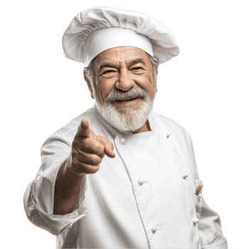 Senior chef in white uniform smiling and pointing at camera isolated on transparent background png