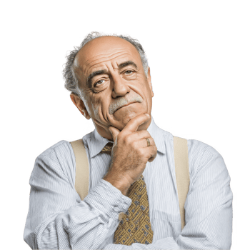 Pensive senior man in suspenders and striped shirt thinking pose isolated on transparent background png