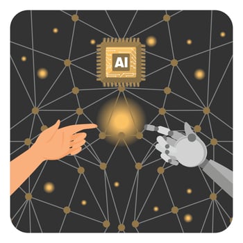 Hands of Robot and Human Touch Artificial Intelligence of Global Networking. vector