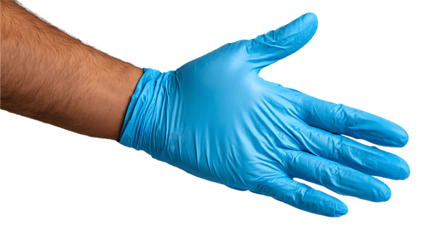 A human arm wearing a bright blue nitrile glove extends forward offering a handshake isolated on transparent background png