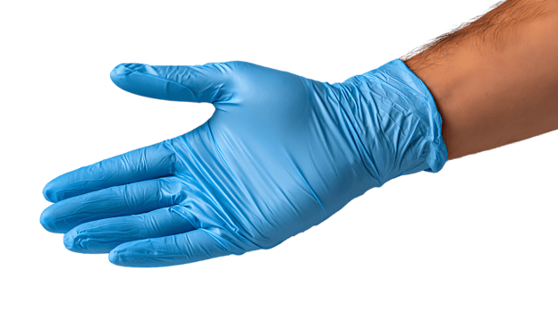 Close up of a person s hand wearing a blue nitrile medical glove extended for a handshake isolated on transparent background png