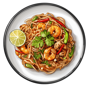 Illustration of traditional pad thai noodles isolated on transparent background png