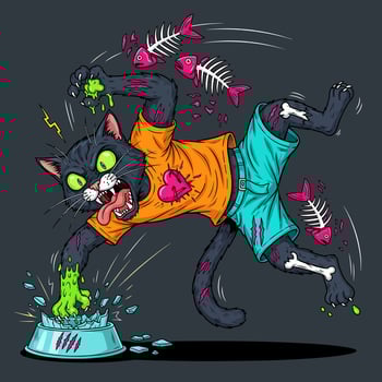 Zombie cat attacks bowl with humorous horror. vector