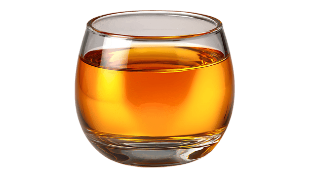 A clear glass tumbler filled with amber colored liquid and isolated on a transparent background isolated on transparent background png