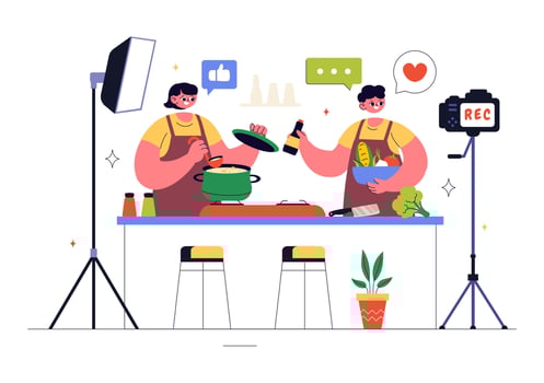 Hosts filming a cooking video in the kitchen vector