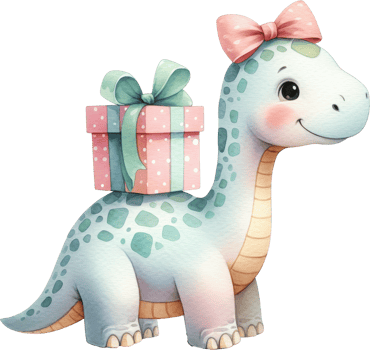 Cheerful dinosaur with a birthday gift png