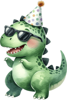 Cheerful T-rex dinosaur celebrating a birthday party png