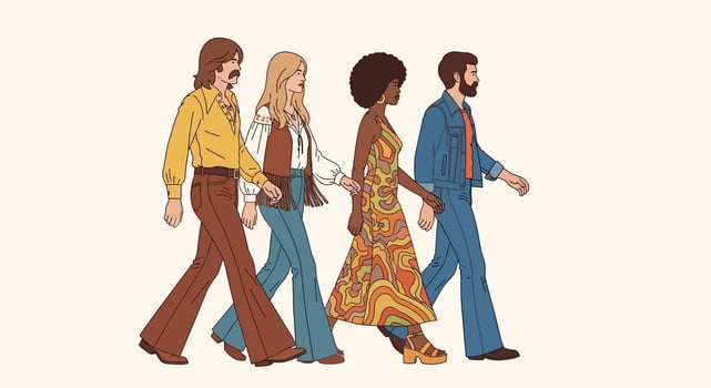 Retro Group Walking with Vintage Fashion. vector