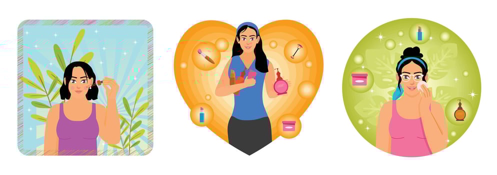 Woman exploring skincare products and routines vector