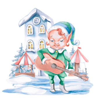 Christmas elf playing guitar against the backdrop of a New Year's fair. Isolated watercolor illustration on the theme of Christmas for the design of postcards, advertising posters, concert tickets. png