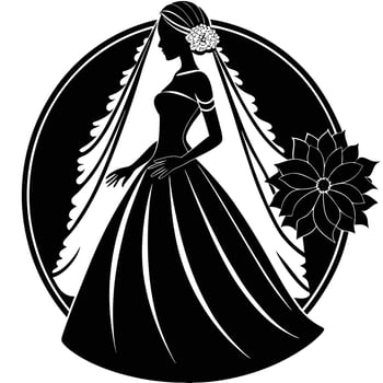 Black silhouette of a bride in a wedding dress with veil and flower vector