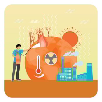 Man Extinguishing Forest Fire with Factory Pollution in Global Warming. vector