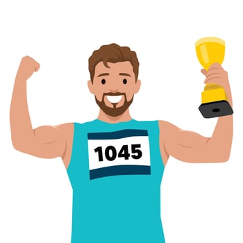 Male athlete proudly flexes his muscles while holding a golden trophy, celebrating his victory. vector