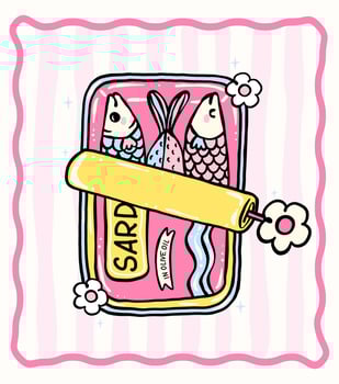 Cute girly pastel sardines in opened tin can Coquette fisherman style whimsical hand drawn doodle set for t shirt sublimation, stickers and wall art vector