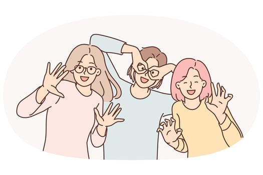 Happy girls of friend have fun making funny faces and putting fingers to faces instead of glasses vector