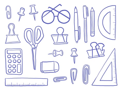 Hand Drawn Office Stationery Tool Icon. A complete collection of twenty one hand drawn office and school tools including pens clips rulers pins in line art style. Perfect for planners education kits vector