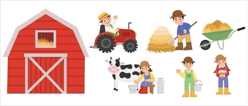 Farm scene with tractor and children vector