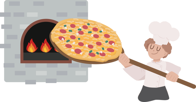 cute flat style cartoon italian man chef making pizza in oven png