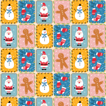 Holiday pattern with Santa, snowmen, gingerbread vector